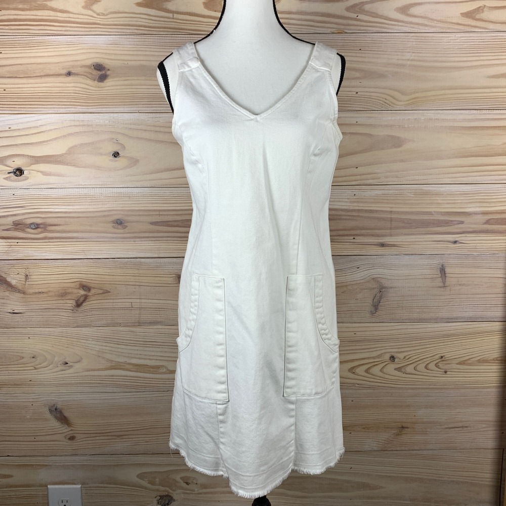 Cato Denim Jumper Dress Womens S White V-Neck Frayed Hem Pockets Mini Sleeveless